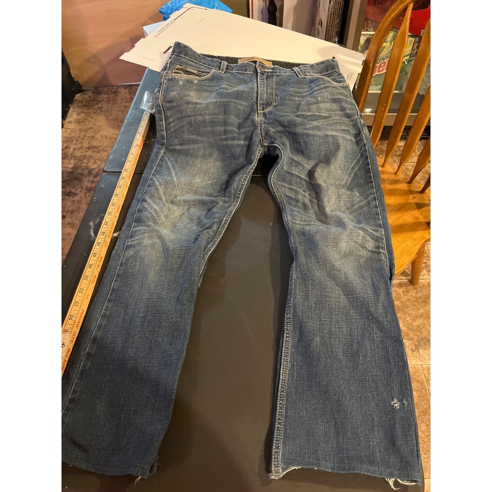 Levis Mens Blue Bootcut Jeans Medium Wash Contrast Stitch Raw Hem 35x26